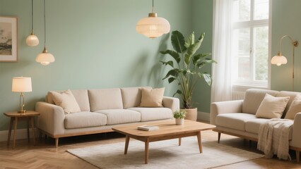 Obraz premium Bright Modern Living Room with Cream Sofas Large Green Plant and Natural Light
