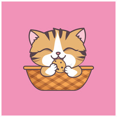 Cat in Basket Eating Cookie Illustration