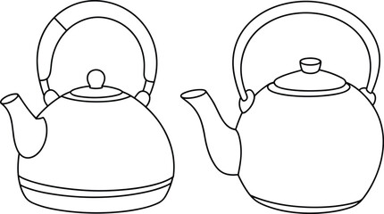 Vintage teapot design comparison, side by side kettle line art, traditional tea pot illustration, handle and spout variations, kitchenware outline drawing, minimal style