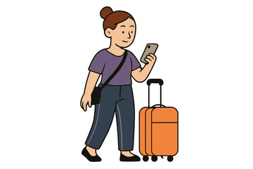 A female traveler stands with a suitcase and luggage, holding a bank credit card to pay for her journey; flat vector illustration on a white background
