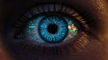 Woman eye with digital circuit board overlay forming and processing data, representing a futuristic concept. - Powered by Adobe