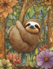 Sloth hanging among vibrant flowers