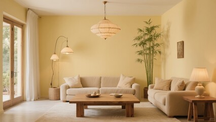 Bright Cozy Living Room with Beige Sofas Large Windows and Green Plant in Modern Home