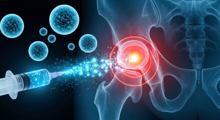 Medical illustration showing hip injection with cells and x ray of the hip joint
