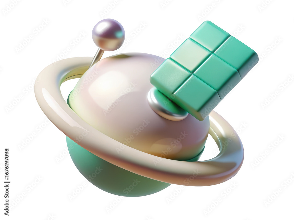 Poster cartoon planet with ring space object abstract shape playful futuristic composition concept design 3