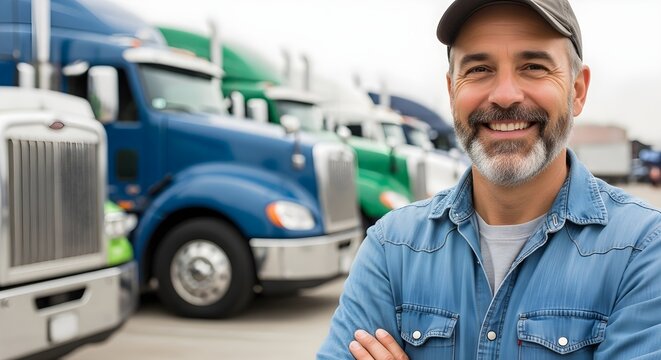 Happy Truck Driver Standing in Front of Row of Semi Trucks Ready for the Road