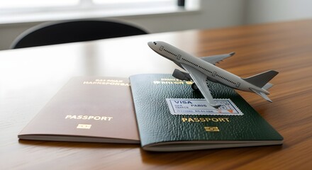 Passports and Airplane Model on a Wooden Table Travel and Immigration Concept