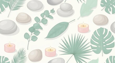 Elegant Spa and Wellness Seamless Pattern with Stones, Candles, and Tropical Leaves Illustration