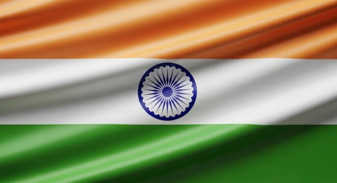 A close up of the indian flag with orange white and green stripes and blue chakra symbol