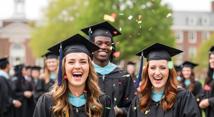 Celebrating Graduation Students Laughing and Cheering in Caps and Gowns on University Campus