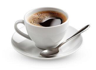 Fototapeta premium Classic white coffee cup with black coffee on saucer with spoon isolated on transparent background