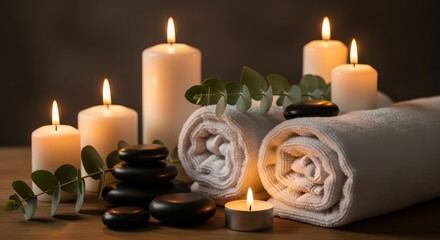 Serene Spa Scene with Candles, Hot Stones, and Rolled Towels for Relaxation and Wellness