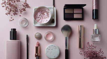 Brushes and cosmetics well organized on a pink table