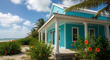 Fototapeta premium Island Getaway Turquoise Beach House Retreat with Tropical Blooms and Ocean Views