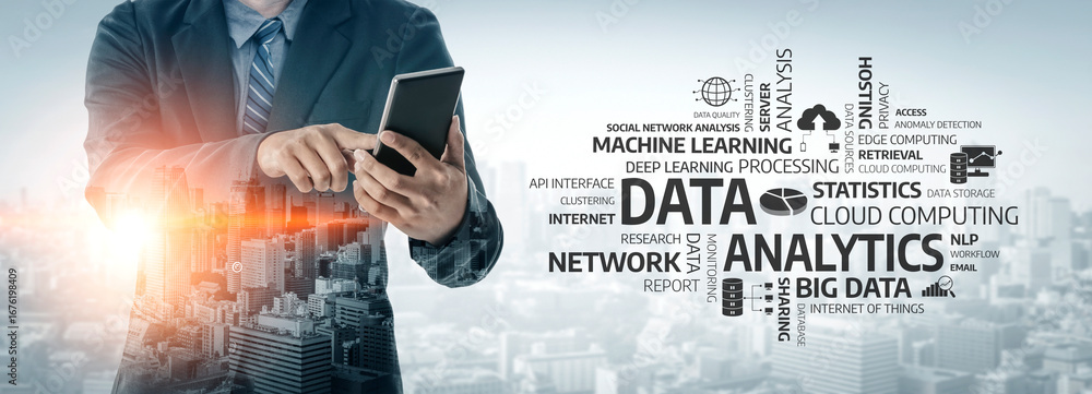 Poster business professional using tablet amid technology graphics showcasing data analytics, machine learn