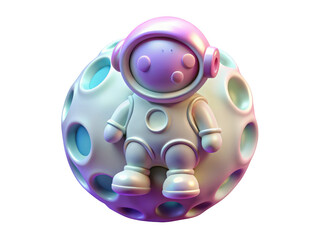 Cute cartoon astronaut leaning on a moon with crater holes in space exploration isolated on background 3d illustration icon isolated on white background