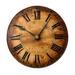 Vintage Wooden Clock Face with Roman Numerals on a Black Background
