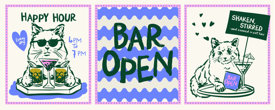 Bartender Cat illustrations, Funny Hand drawn waiter cats with cocktails, Whimsical Bar Chart illustrations