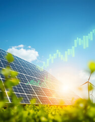Photovoltaic power station with double exposure of digital financial chart graphs and stock market.Green energy in full development., blurry foreground. isolated with white highlights
