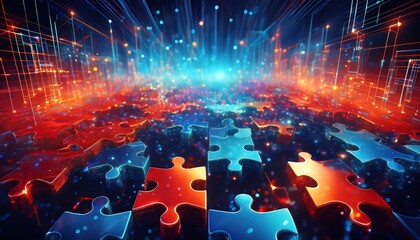 abstract image of red and blue puzzle pieces with a vibrant network