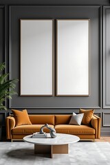 Elegant Living Room Interior with Two Blank Frames and Velvet Sofa Against Gray Molded Walls: A Modern Mockup Scene                                   