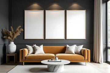 Contemporary Living Room Interior with Three Frame Mockups Above a Mustard Velvet Sofa and Marble Coffee Table Against a Dark Gray Wall               