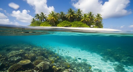 Fototapeta premium Tropical Paradise Azure Waters, Coral Reefs, and Lush Island Under a Blue Sky
