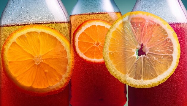 artistic soda bottle background with red and yellow hue drinks slice of orange and lemon fruit abstract
