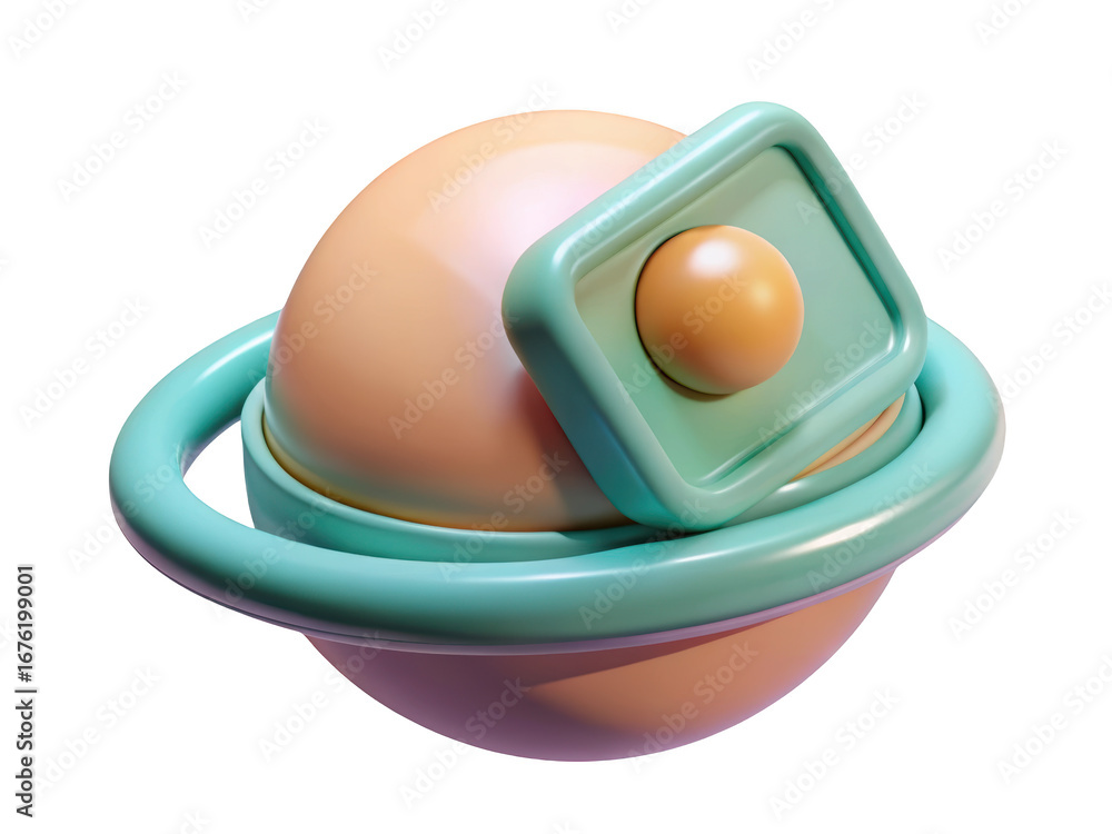 Poster Glossy planet with ring and square orbiting object playful 3d illustration icon solated on white background
