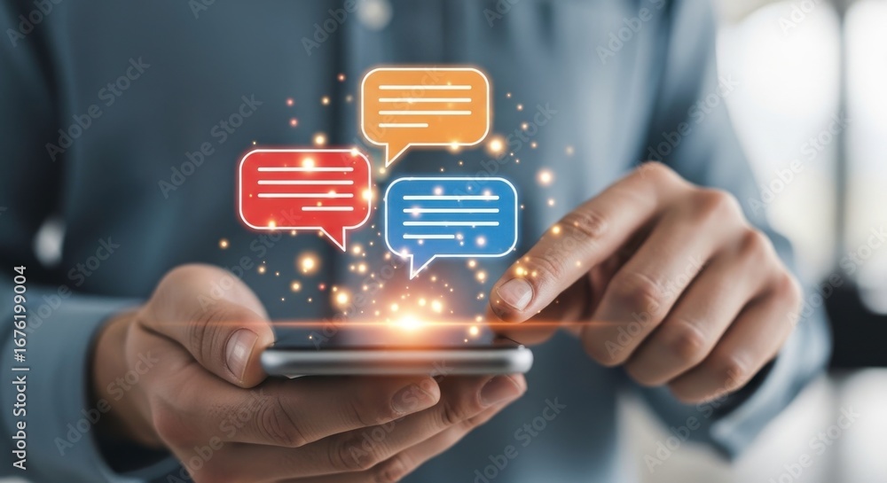 Poster person using smartphone with colorful speech bubbles and glowing effects above the screen