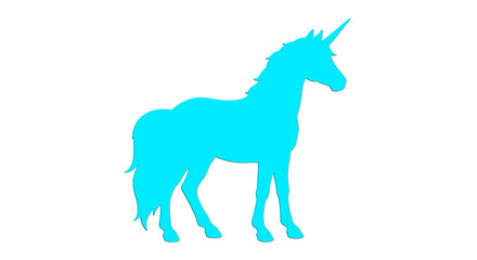 Obraz premium Blue unicorn logo gallops across sapphire sky, silver horn aglow, flowing cerulean mane radiating mystical power. 