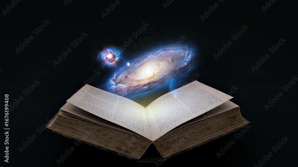 Poster old open book with light glowing from pages and galaxies appearing above it. concept of knowledge an