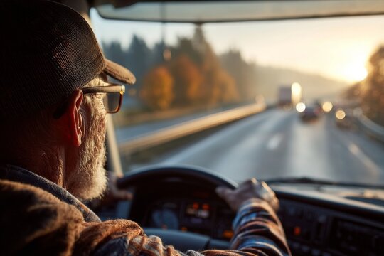 Senior man driving a truck on a highway during golden hour with autumn trees - Powered by Adobe