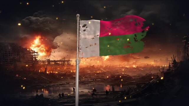 Madagascar flag waving in war is torn