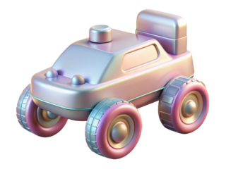 Iridescent toy car with large wheels playful design shiny surface 3d rendered object isolated on background 3d illustration icon solated on white background