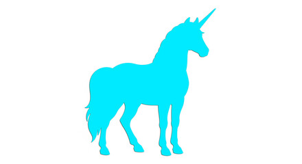 Obraz premium Blue unicorn logo gallops across sapphire sky, silver horn aglow, flowing cerulean mane radiating mystical power. 