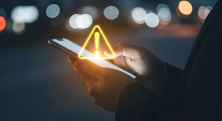 Person holding a smartphone with a glowing warning sign overlay against a blurred background