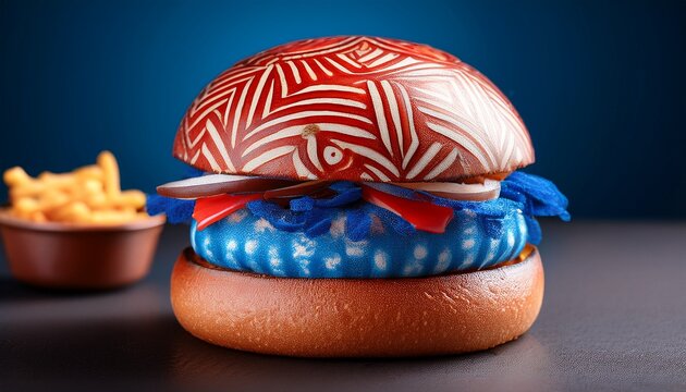 a photorealistic burger with ceramic inspired blue and red patterns on bun