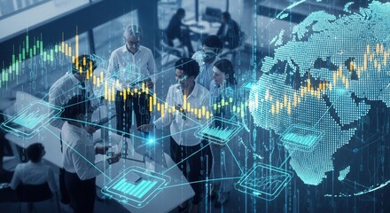 A group of business people meeting with stock market data and a digital globe overlayed on the image