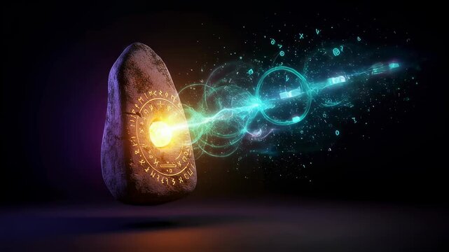 Ancient rune stone glowing with magical energy beam and particle effects. Fantasy power mystic glow animation.