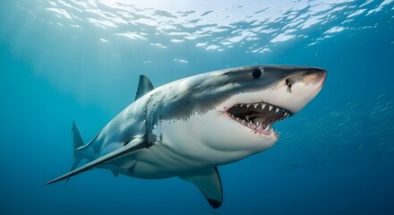 Fototapeta premium Majestic Great White Shark A Predator's Gaze in Ocean's Realm with Open Mouth