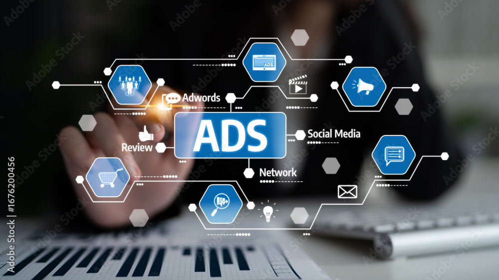 Poster a modern and engaging visual that captures the essence of digital advertising with various related i