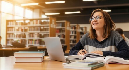 A young woman studies in a library with a laptop books and a pen on the table