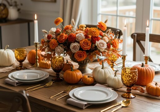 An elegant thanksgiving table setting features pumpkins, flowers, and candlelight