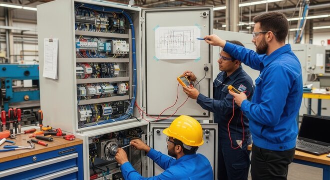 Electrical workers in a factory inspect a control panel using tools and a diagram