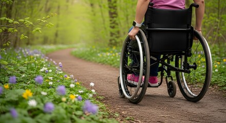 Fototapeta premium Rolling Through Spring A Wheelchair Journey on a Blooming Forest Path