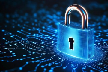 Cybersecurity concept with glowing digital padlock over circuit board background symbolizing data protection, online privacy, secure network and information safety