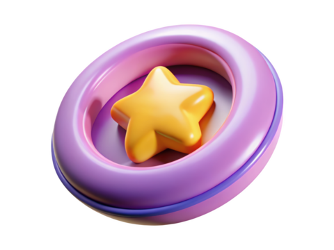 Yellow star inside rounded pink frame glowing cartoon graphic game asset reward achievement 3d illustration icon solated on white background