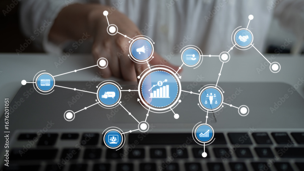 Aufkleber a visual representation of digital marketing, featuring icons and graphs that symbolize growth and a