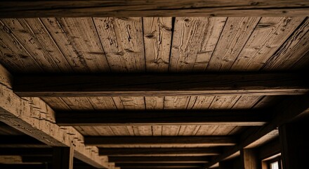 Fototapeta premium Rustic Wooden Ceiling with Beams and Shadowed Interior Perspective